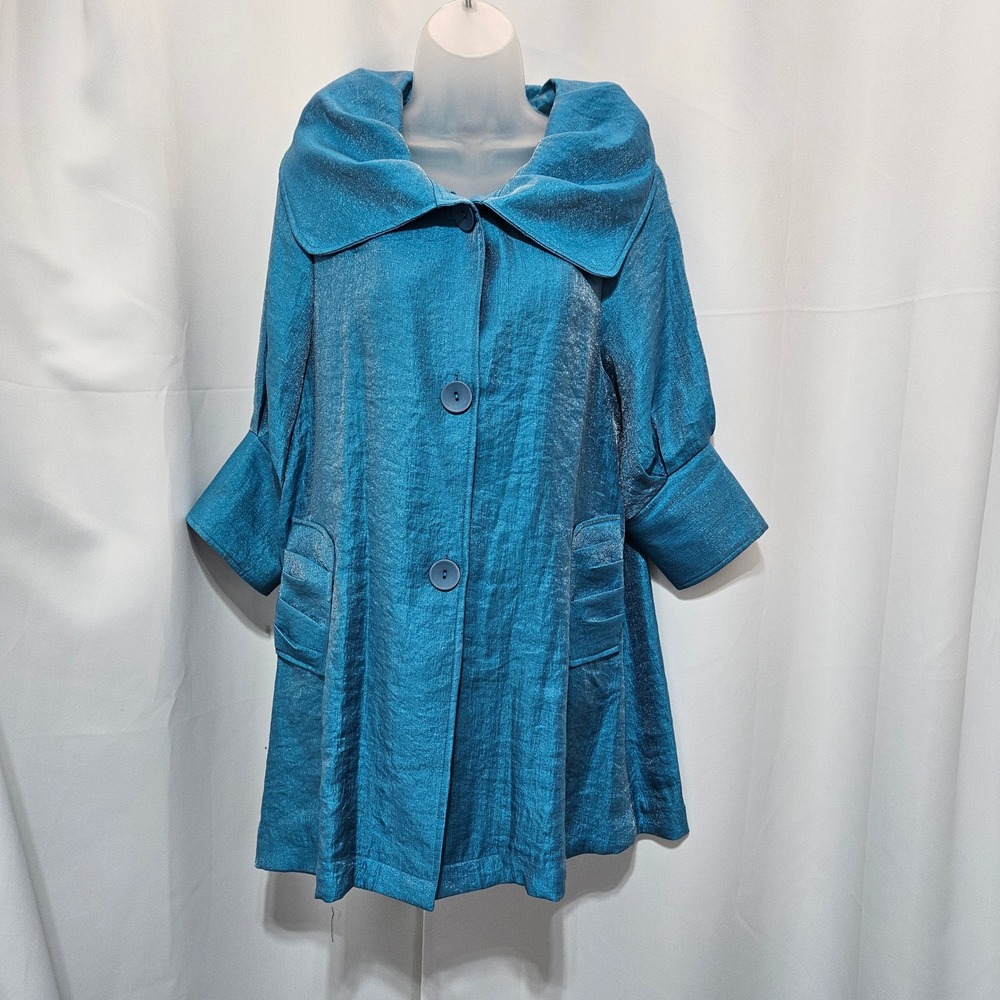 Damee Inc Turquoise Blue Shimmer Portrait Collar Swing Coat Womens Small READ